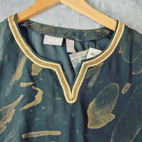 Galaxy Womens Gold Abstract Tunic Top‎ 2 Long Sleeve Split Neck Artsy Festival - Picture 7 of 9